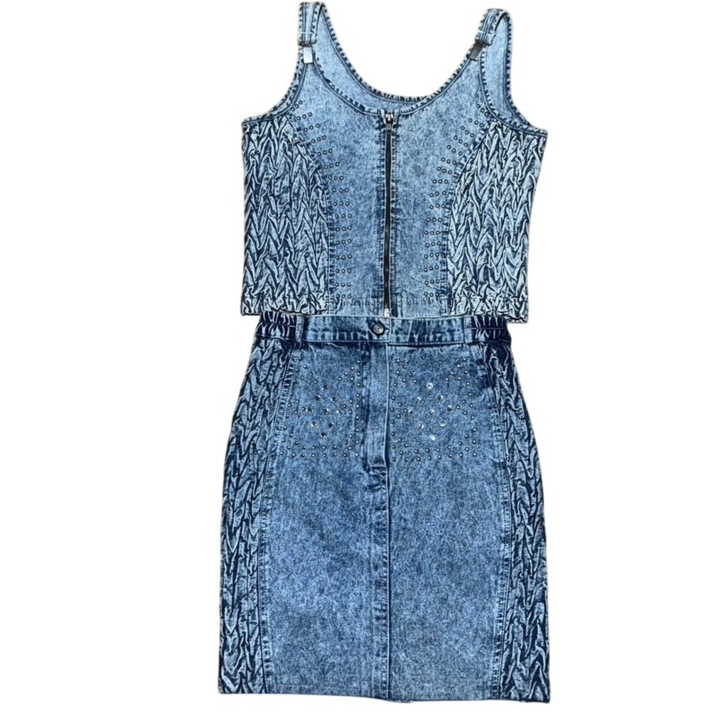 🔥 Vintage 80s Acid Wash Denim Studded 2 Piece Set Zip Top High Waist Skirt S/M